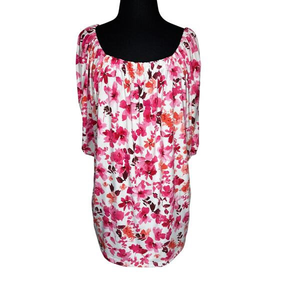 Susan Graver Floral Printed Liquid Knit Square-Neck Peasant Top Pink Size 2X - Picture 2 of 10